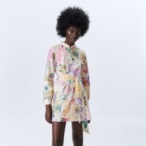 Patterned Mini Shirt Dress With Buttons and Tie Details